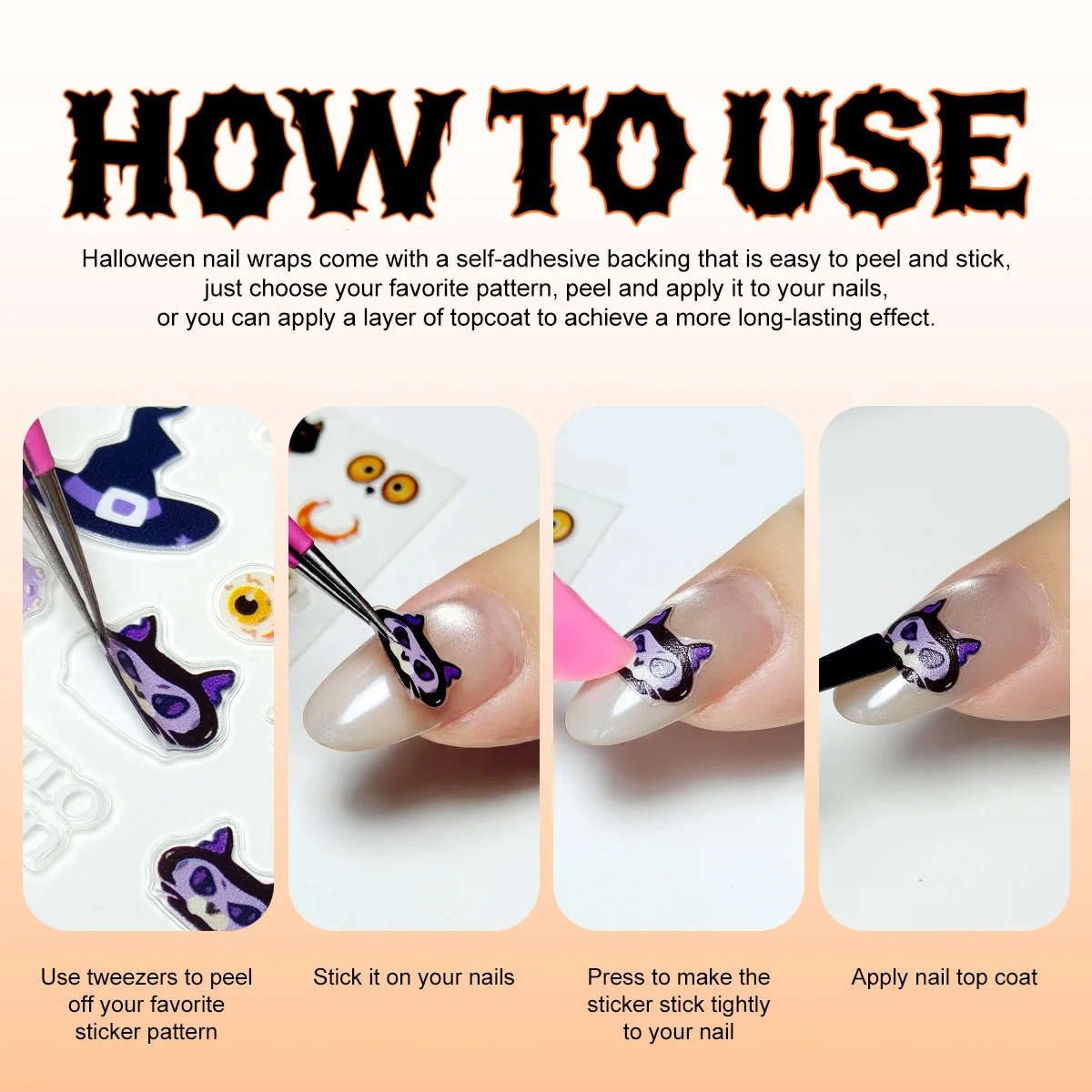 1pcs/3pcs Halloween Nail Stickers Skull Pumpkin Head Bat Nail Stickers Nail Art DIY Self-Adhesive Decals For Festive Manicure