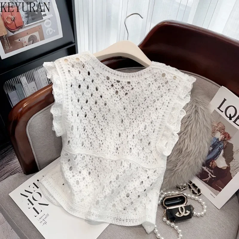 2024 Summer New French Crochet Hollow Out Sweater Vest Women Vintage Elegant Fashion Ruffles V-neck Knit Cardigan Vests Tops