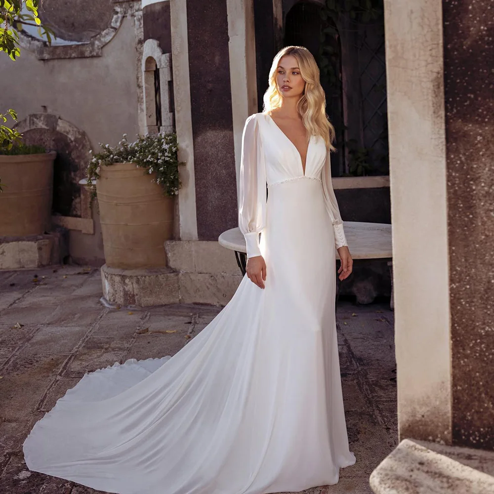 

UETEEY 2022 Chiffon Wedding Dress Long Sleeves With Sweep Train Backless Deep V-Neck Robe De Dariée Mermaid Bridal Gowns