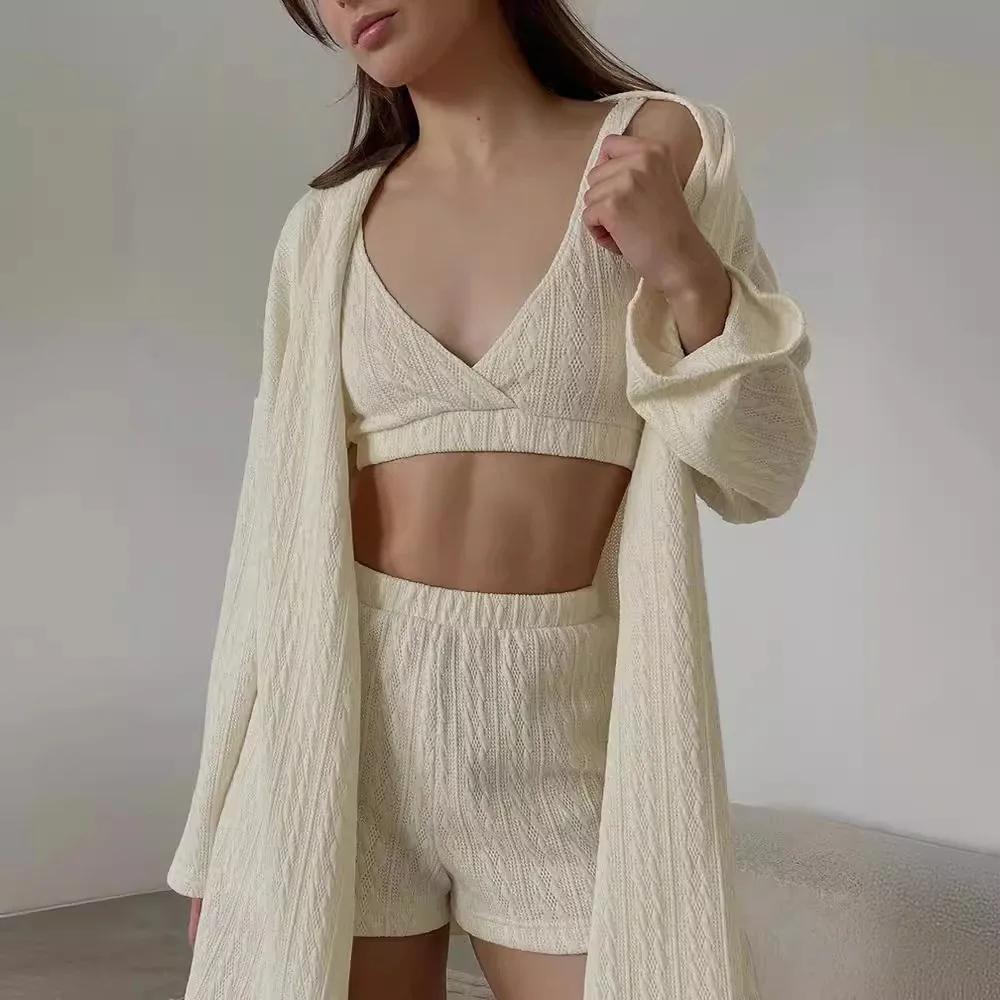 

Spring/Summer 2025 New A 3-piece Set of Elegant Solid-color Knitted Women's Home Wear with Long Sleeves Long Robes and Shorts