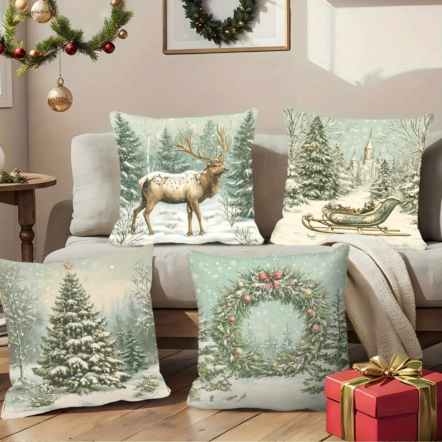 4pcs Christmas Pillow Cover Set – Featuring Evergreen Forest, Deer, and Tree Wreath Designs, Ideal for Sofa, Bed, and Home Decor