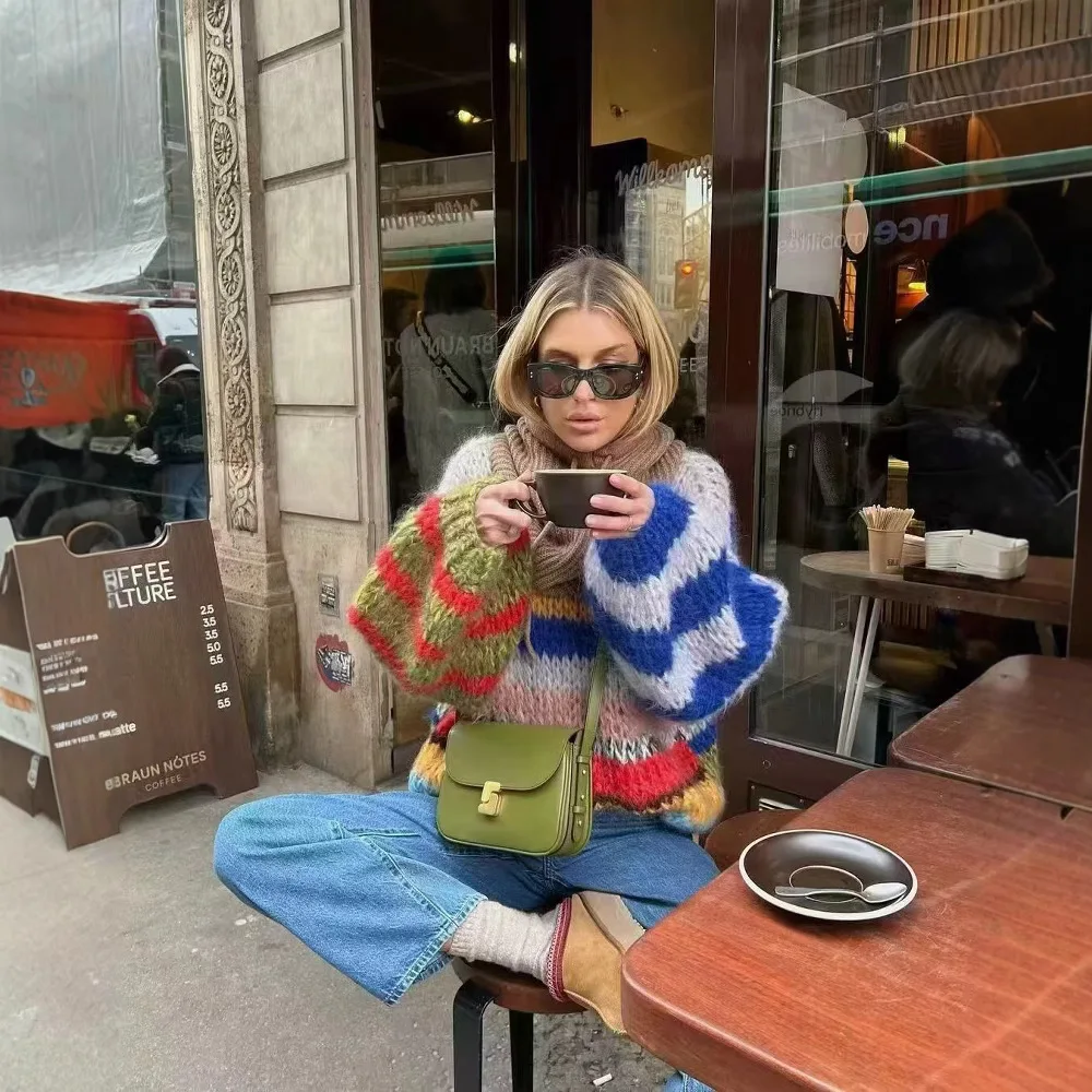 

Fashion Versatile Round Neck Long Sleeve Striped Knit Sweater For Women Knit Sweater Loose Fit Long Sleeve Casual Crew Neck UE14