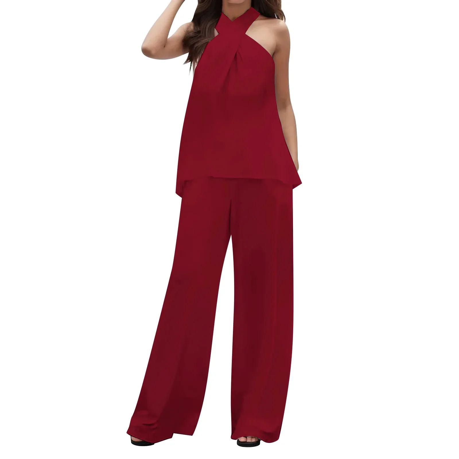 Elegant Female Two Pieces Sets Sleeveless Solid Color Halter Neck Backless Tops Wide Leg Pants Suits Office Lady Summer Women