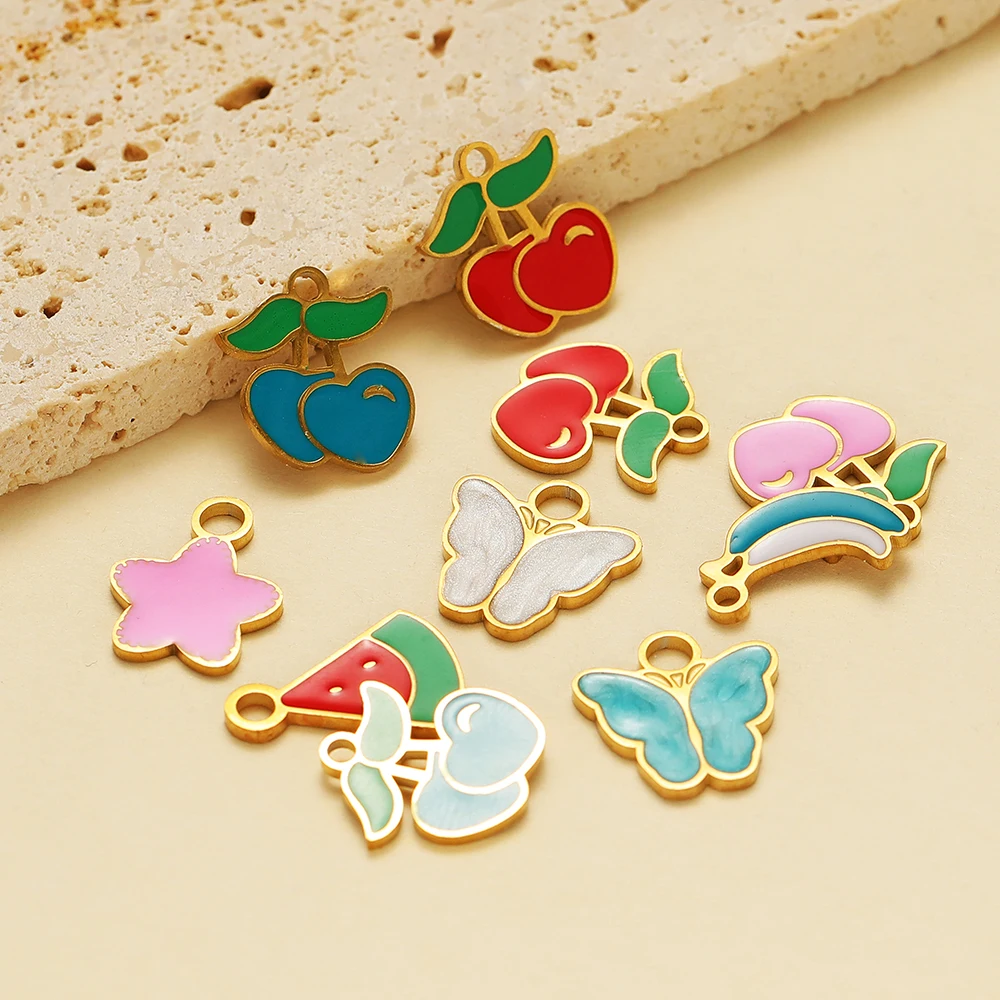 5 Stück Edelstahl-Charms mit süßen Bananen- und Wassermelonen-Motiven, Emaille-Anhänger, Kirsch-Anhänger, DIY-Schmuckzubehör, für die Herstellung von Kinderhalsketten und Ohrringen – Detail 5