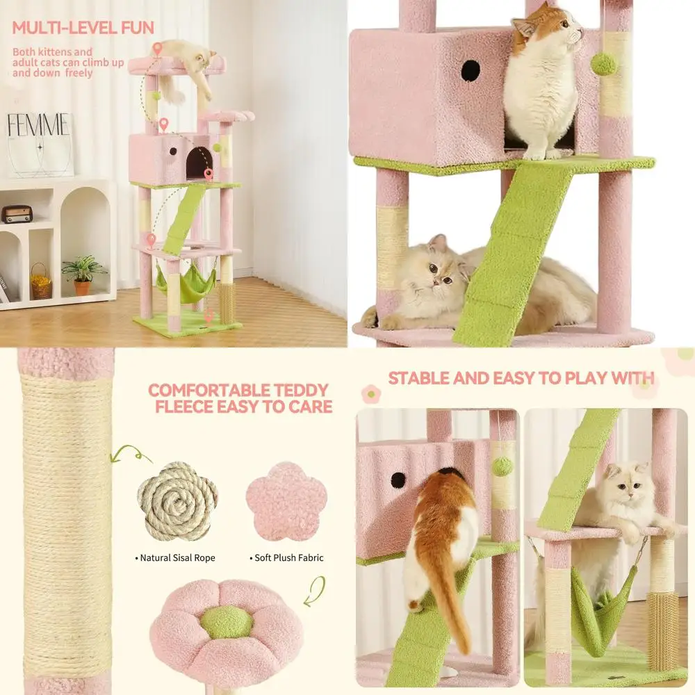

65 Pink Large Cat Tree with Condo, Perches, Hammock & 6 Sisal Posts