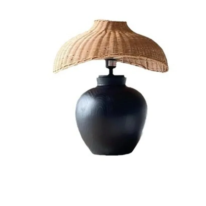 Wabi Silent Wind Retro Rattan Desk Lamp B & B Solid Wood Pottery Pot Ancient Style Decoration Living