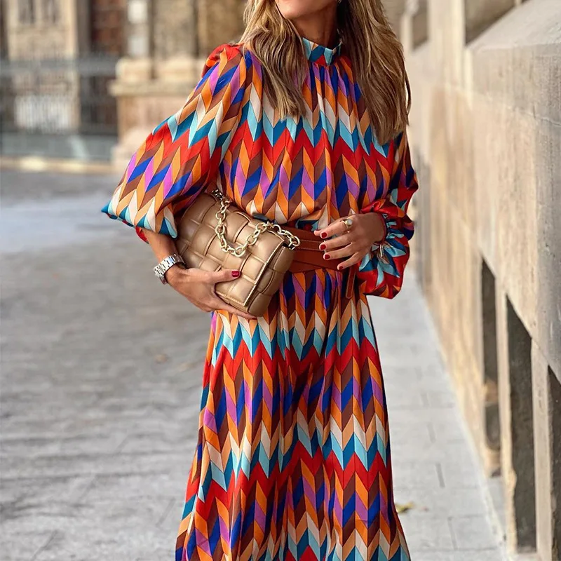 Long Party Dress Summer Fashion Women Geometric Prints Stand Neck Full Sleeves Charming Lady Mid-Calf Length Sundress