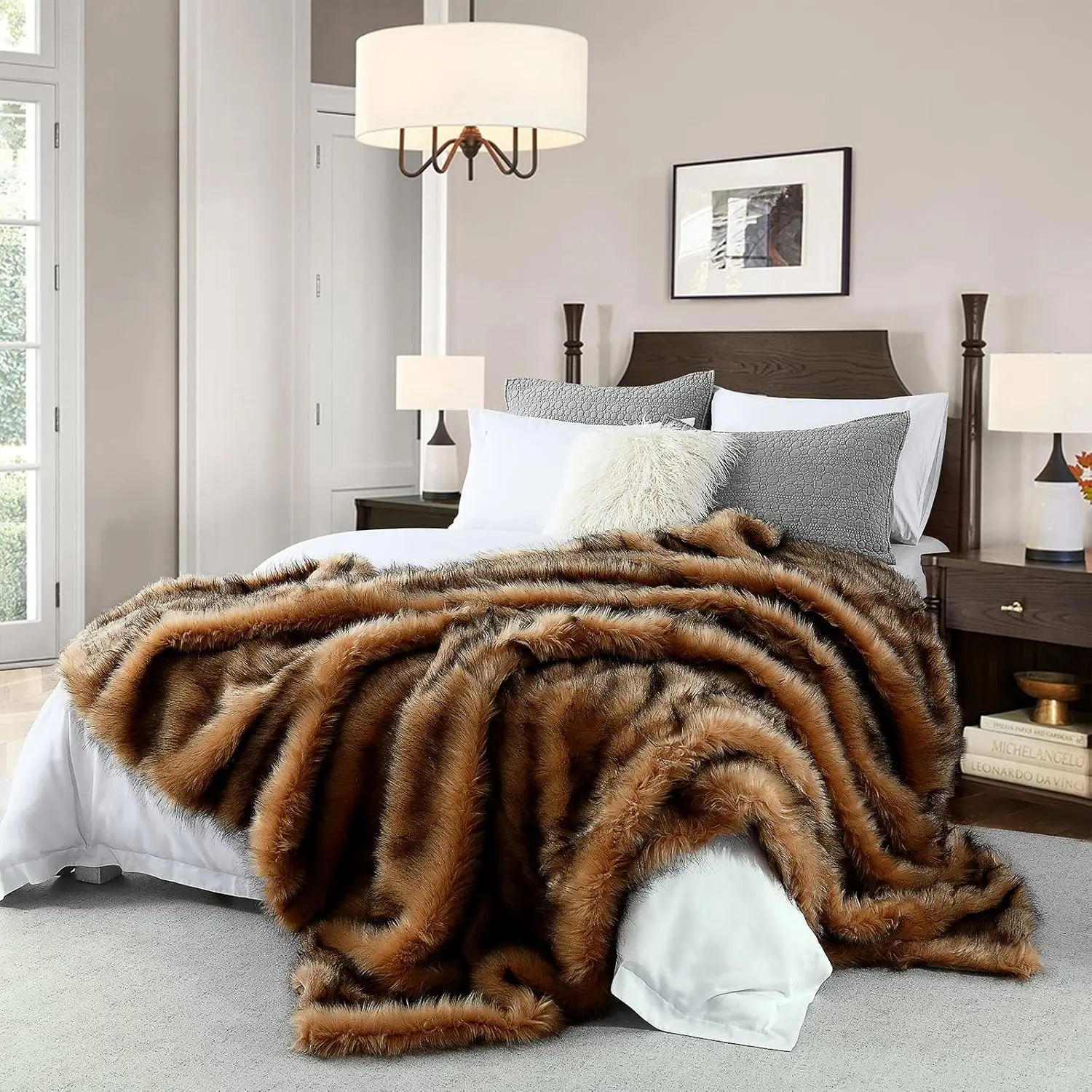 

King Size Plush Faux Fur Blanket, Brown with Black Tips, Super Warm and Fluffy for Sofa or Bed