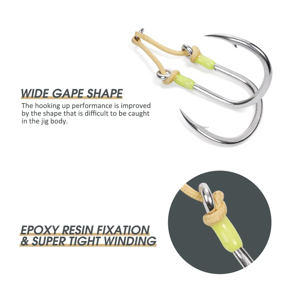 Noeby Heavy Duty Twin Assist Hook, Kevlar Line Forged Metal Jigs Hook, Super Needle Point, Sharp High Strength Sea Fishing Hooks