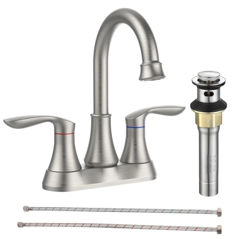 

Bathroom Faucet Brushed Nickel with Pop-up Drain & Supply Hoses Two-Handle 360 Degree High Arc Swivel Spout Centerset 4 Inch