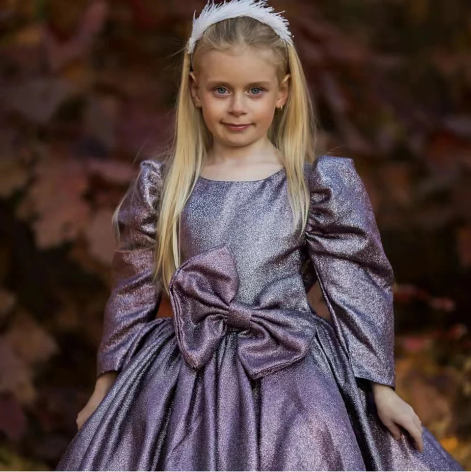 Elegant Purple Full Sleeves Flower Girl Dresses For Wedding 2025 Princess Shiny Birthday Party First Communion Gowns With Bow