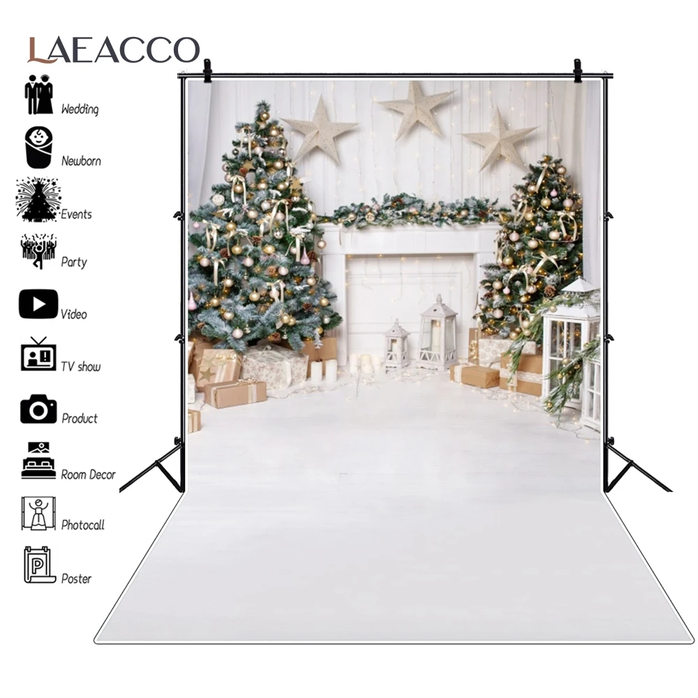 Winter Christmas Backdrop White Palace Wall Xmas Tree Gift Fireplace Window Forest Kids Family Party Photography Background