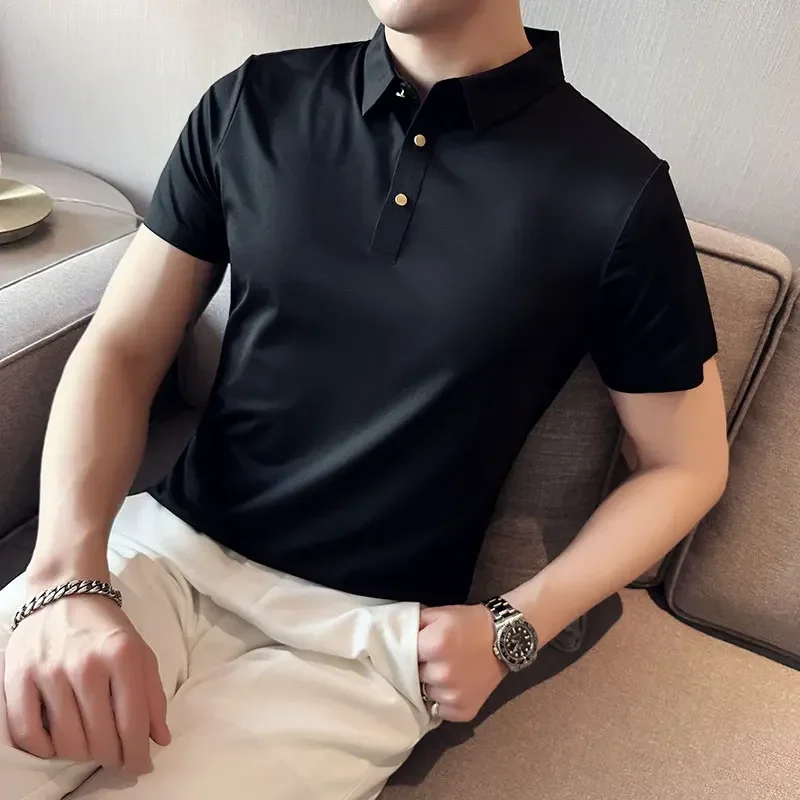 Ice Silk Traceless T-shirt Men\'s  Business Casual Solid Color Half Sleeve High Elasticity Top Silk Smooth Breathable POLO Shirt