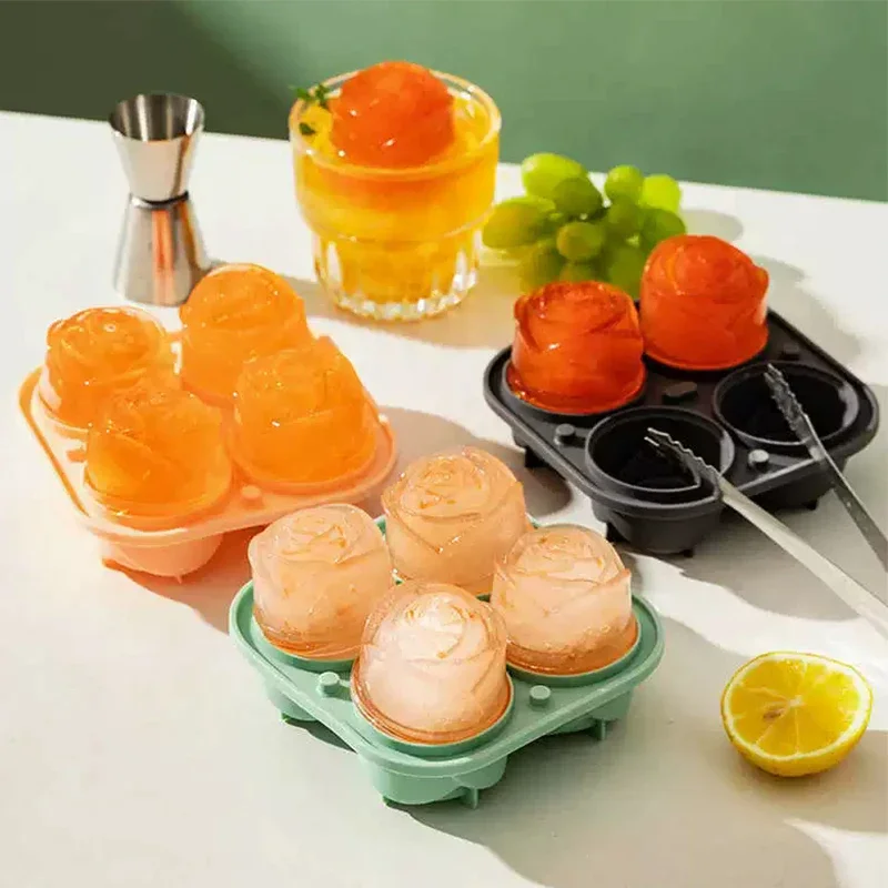 

Rose Ice Cube Making Mold 4 Grids Creative Flower Shaped Whiskey Ice Ball Durable Refrigerator Spherical DIY Silicone Moulds