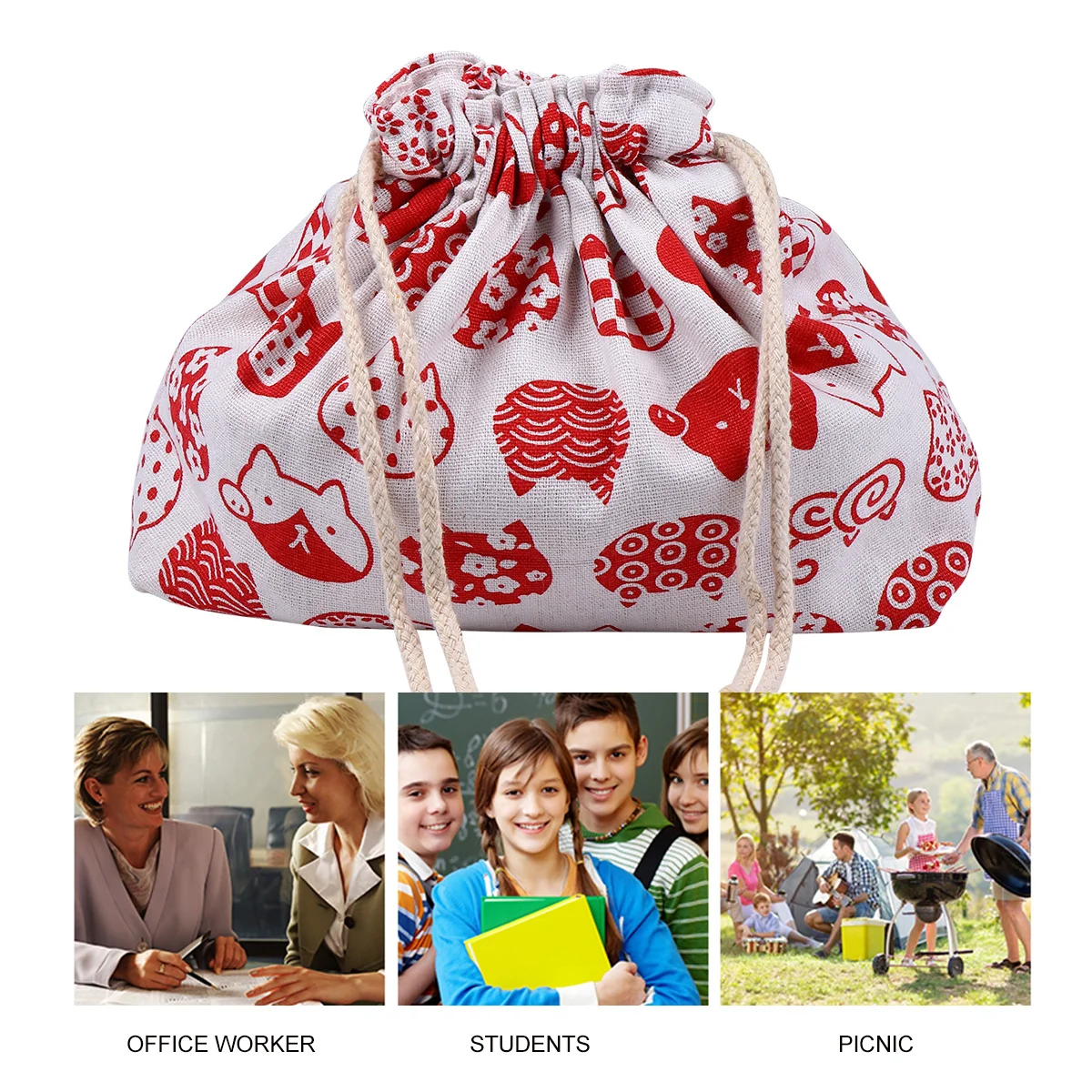 1 قطعة حقيبة الغداء النمط الياباني الأحمر بينتو طبقة مزدوجة القطن الكتان الرباط معزول خفيفة الوزن مقاوم للماء مناسبة نزهة