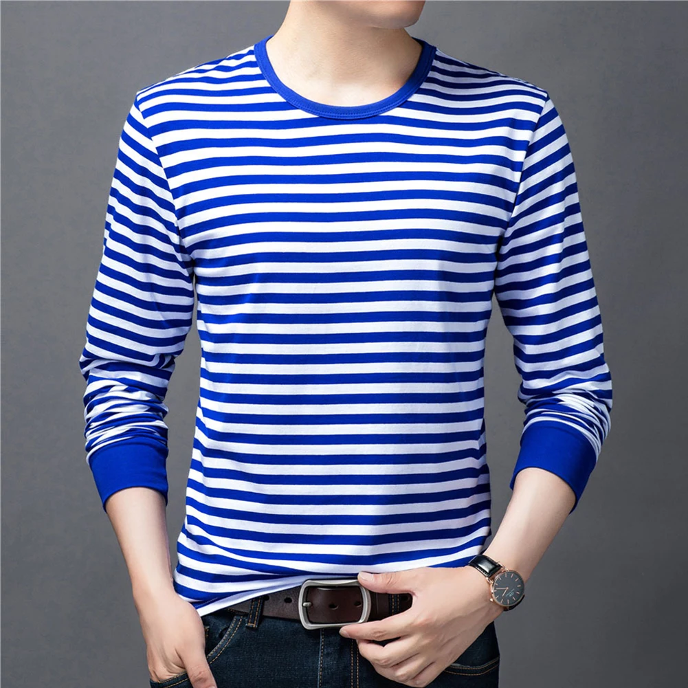 

Mens Casual T Shirts Long Sleeve Round Neck Cotton Stripe Pullover Outfit Top
