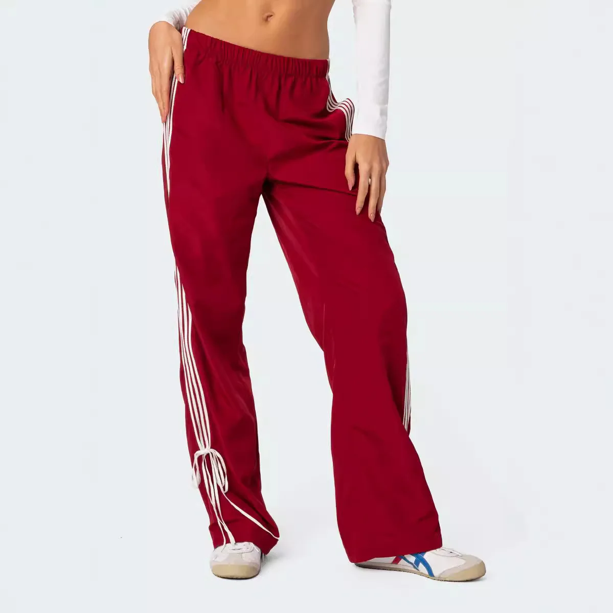 2025 European and American Street Leisure Fashion Versatile Sports Style Four Bar Contrast Straight Leg Pants Women's Trendy Pan