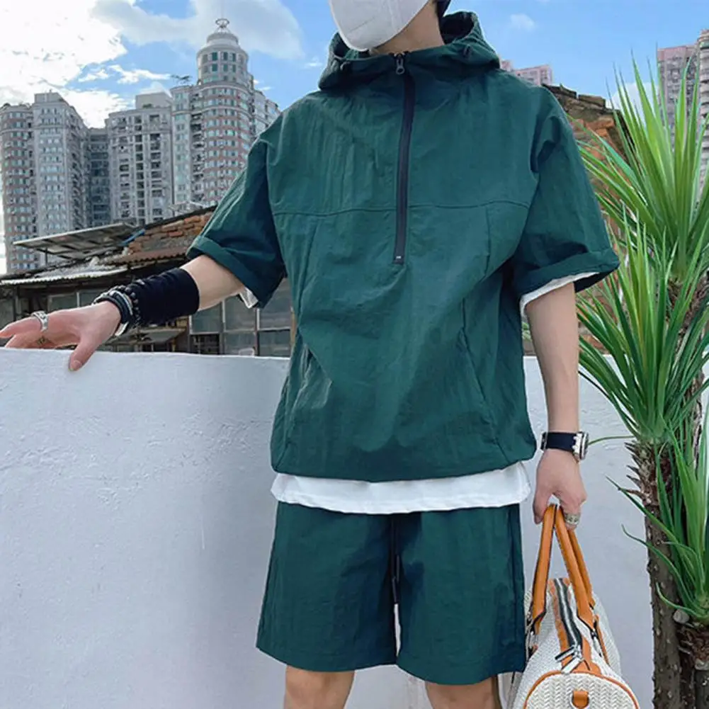 Men Versatile Summer Outfit Men's Casual Hooded T-shirt Wide Leg Shorts Set Solid Color Loose Fit Outfit with Zipper for A