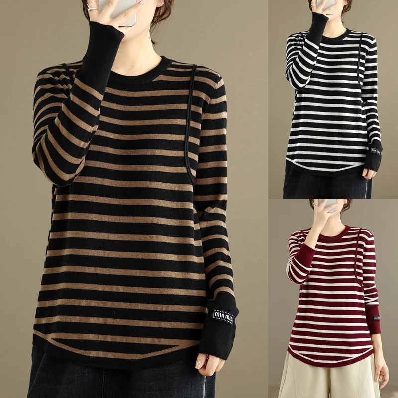 

Ультрамягкий шерстяной свитер с круглым вырезом в полоску для похудения, базовый слой, тепло, осень-зима, Новое поступление, женская трикотажная одежда из полиэстера...