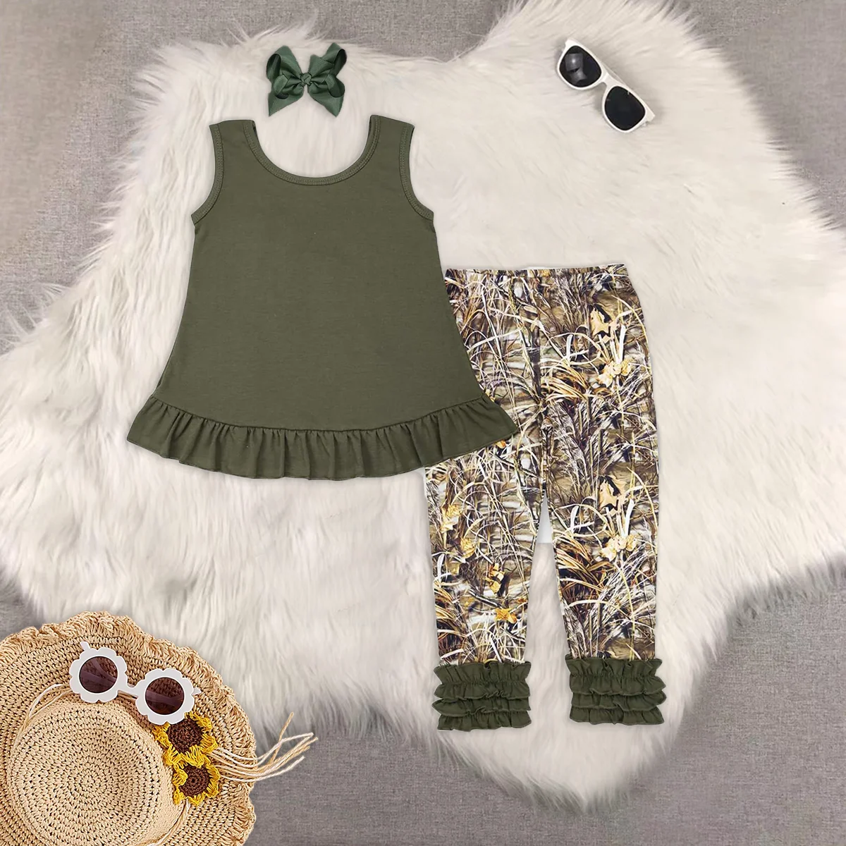 

Baby Girls Brown Sleeveless Bow Tunic Icing Ruffle Camo Legging Clothes Setsets