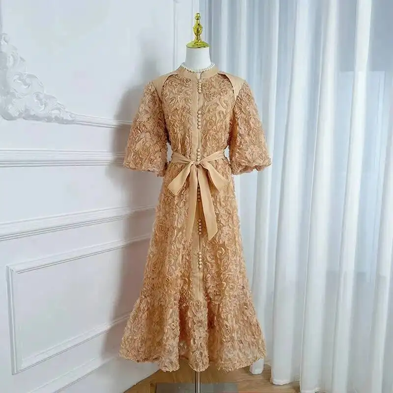 Luxe 3D Bloem Prom Formele Jurk Vrouwen Zomer Herfst Losse Big Size A-lijn Geplooide Single Breasted Midi Lange Feestjurken