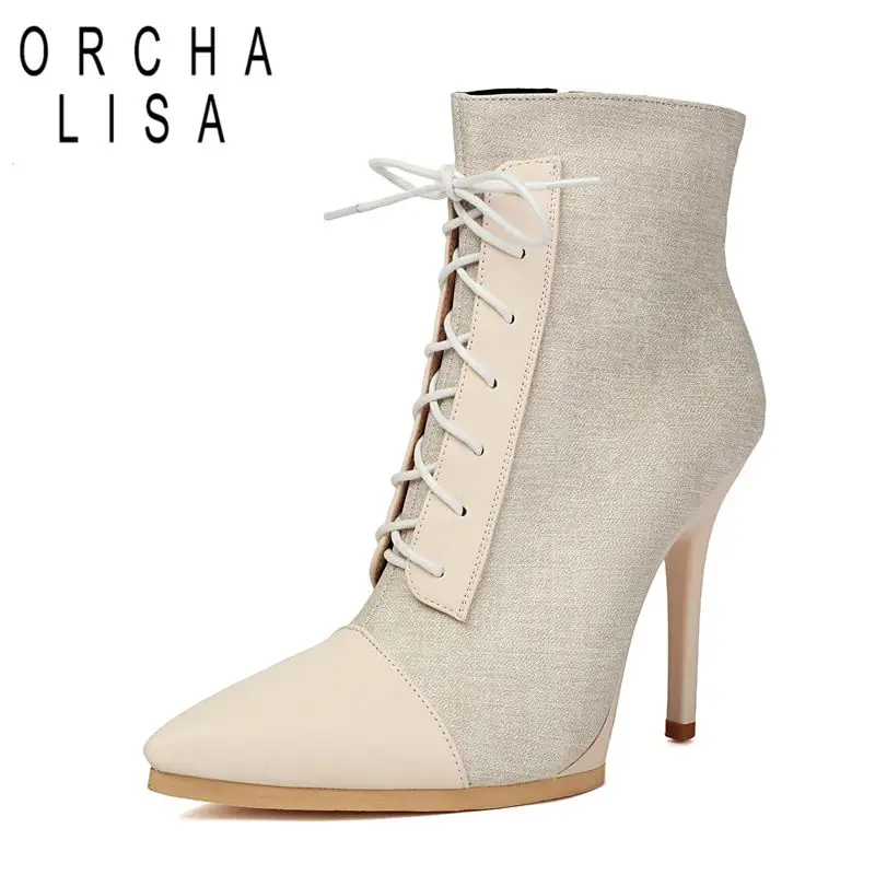 

ORCHA LISA Hot Fmeale Ankle Boots Pointed Toe 11cm Thin High Heels Zipper Lace Up Mixed Color Plus Size 40 41 US10 Short Autumn