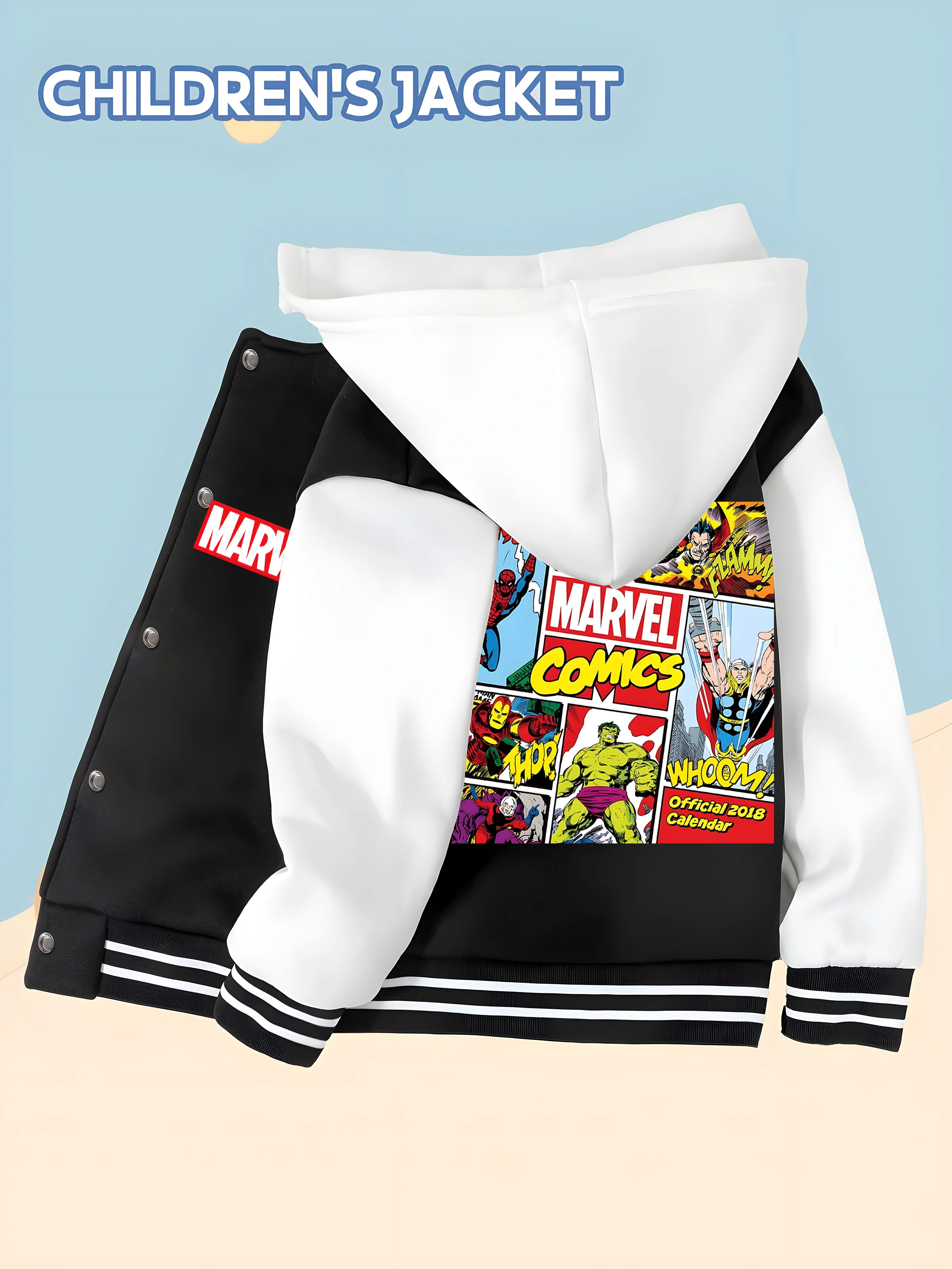 

MINISO Marvel Boys Baseball Jacket - Avengers Birthday Theme, classic black and white, soft fabric, warm and comfortable, skin-f