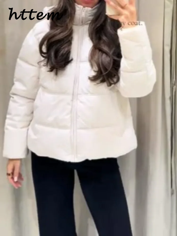 Warm Women's Puffy Solid Stand Collar Full Sleeve Pockets Jacket 2025 Winter