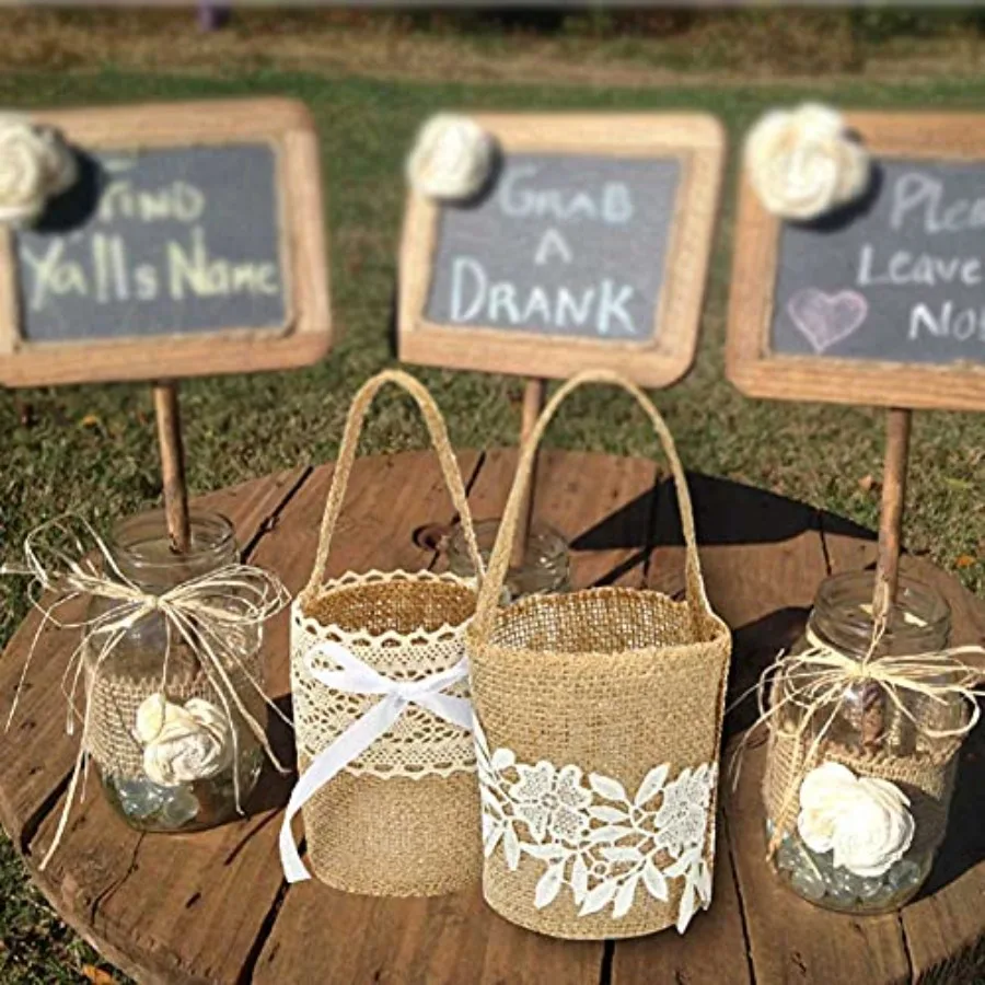 결혼식, 파티, 크리스마스 장식 및 선물 보관 솔루션을 위한 2개의 삼베 꽃 바구니, 소박한 매력과 실용성