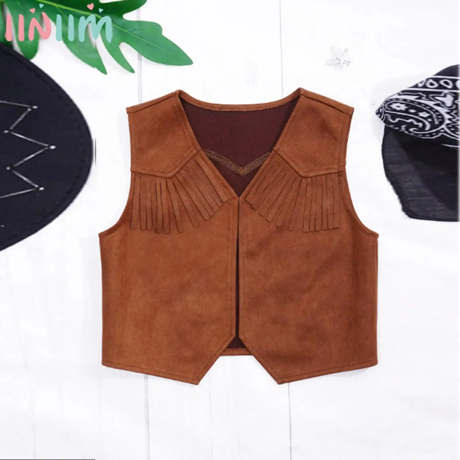 Kids Halloween Western Cowboy Cowgirl Cosplay Costume Fringe Decor Open Front Vest Waistcoat for Vintage Theme Party Carnival