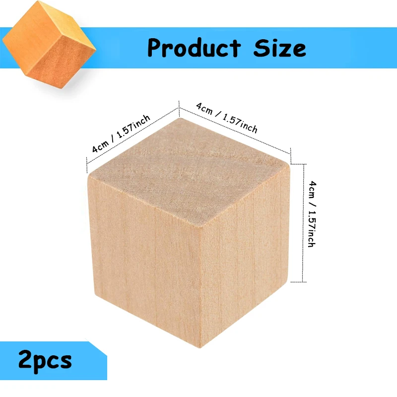 2pcs 4cm Unfinished Blank Wood Square Blocks, Natural Pine Wooden Cubes for Painting Home Decor Crafting DIY Project