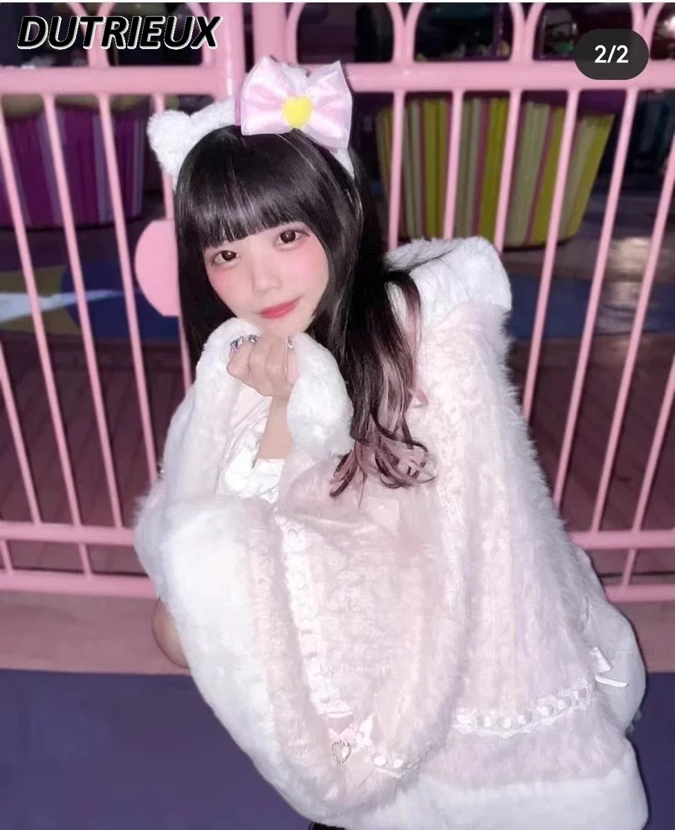 خريف شتاء جديد سترة سترة المرأة اليابانية الألغام الحلو لينة شمعي سميكة الحلو زر اللؤلؤ مقنعين محبوك سترة الرأس سترة