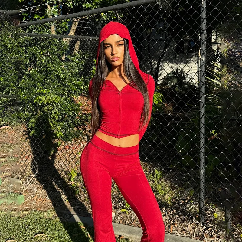 Women Solid Fitness Workout Two 2 Piece Set 2024 Autumn Long Sleeve Zip-up Hooded Sweatshirts Crop Top + Flare Pants Tracksuits