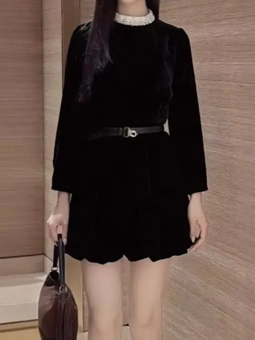 Spring/Fall Women Diamond Pearl Beaded Collar O-Neck Long Sleeve Velvet Solid Dress High waisted A-Line Elegant Party Mini Skirt
