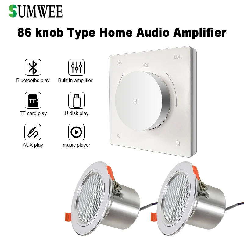 Home Knob 86 Type Bluetooths Mini Audio In Wall Amplifiers TF USB AUX Sound Controller Ceiling Speakers 2x25W Power Music System