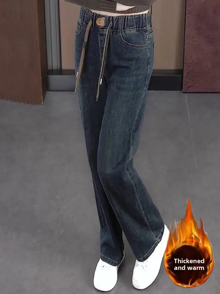 

High Waist Slim Fit Wide Leg Straight Jeans Elastic Fce Lined Loose Casual High Waist Straight Pants Spring Autumn