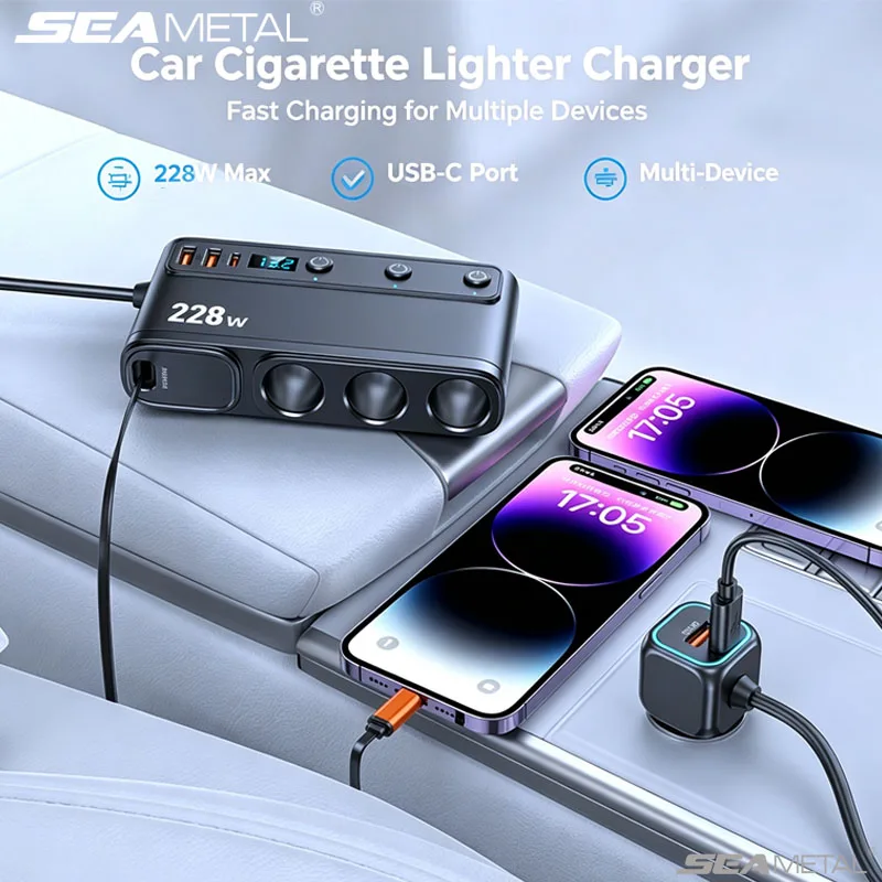 SEAMETAL 228W 9-in-1 Auto-Ladegerät-Adapter PD/QC 3.0 Ladegerät Zigarettenanzünder-Splitter 3-Steckdosen-Stromwandler mit Spannungsanzeige