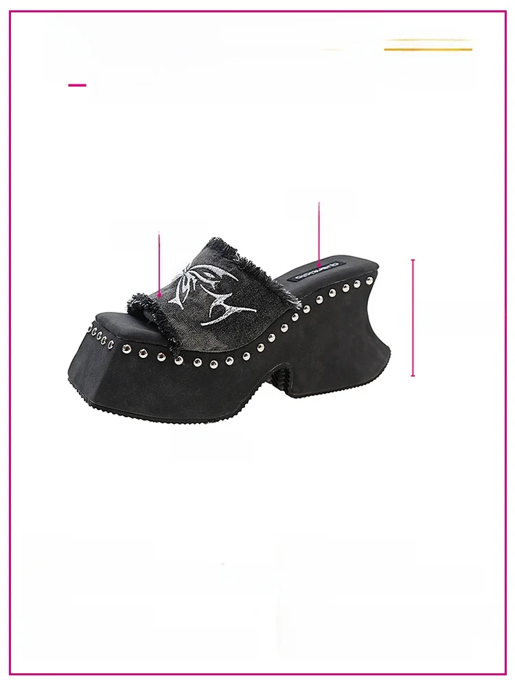 

Retro High Heel Thi Bot Sandals Women's Outdoor Slippers Square Head Rivet Open Toe One-Strap Sexy Girl Summer oes