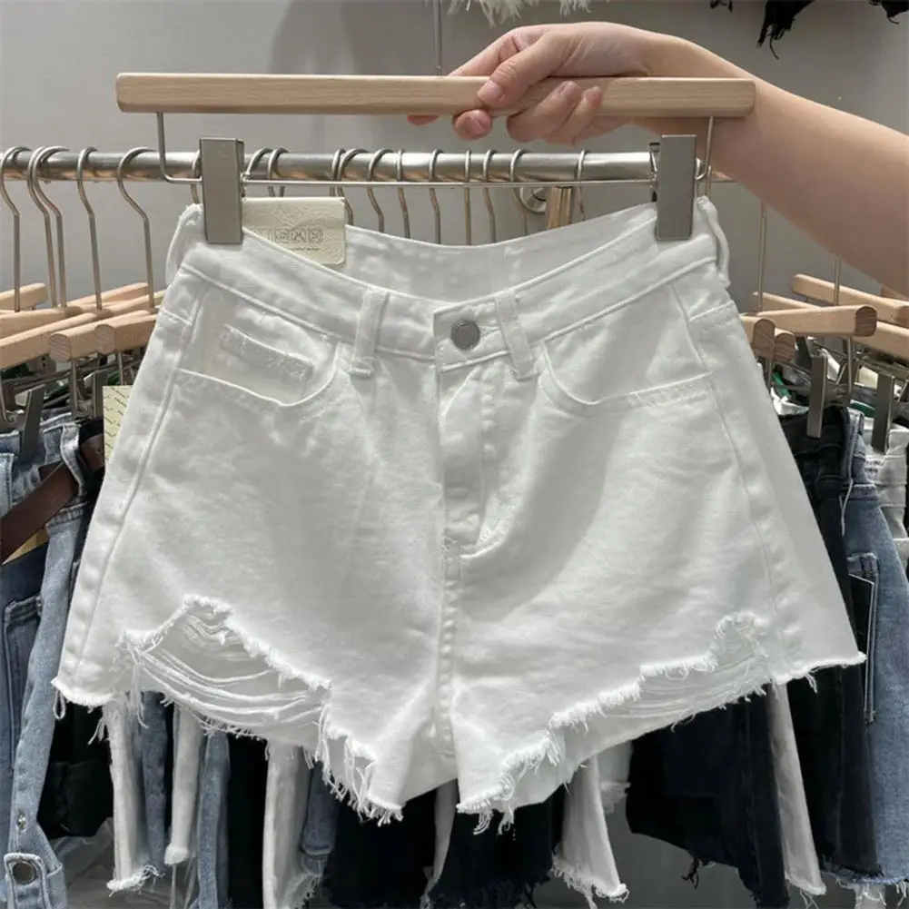 

Solid Color Denim Shorts Stylish Women's Denim Shorts with Ripped Holes High Waist for Summer Beach Dates Casual