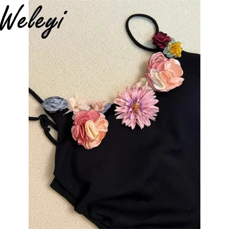 Black Y2K Camisole Dress Women's 2024 Summer Sweet V Neck Three Dimensional Flower Irregular Waist A Line Fashion Backless Dress