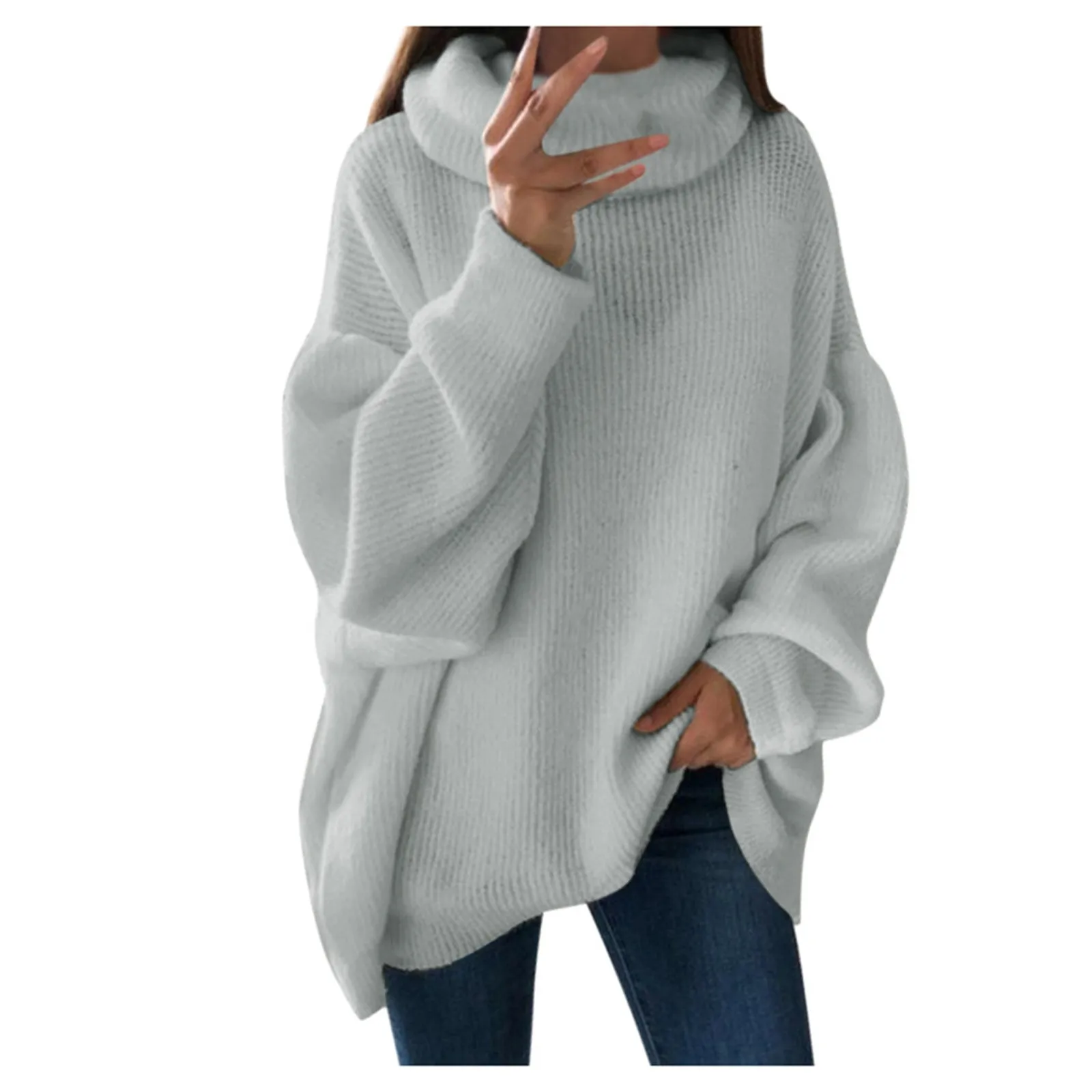 2024 Women Sweater Oversized Turtleneck Pile Collar Autumn Winter Long Sweater Loose Pullover Stretchy Knitwear suéteres свитер