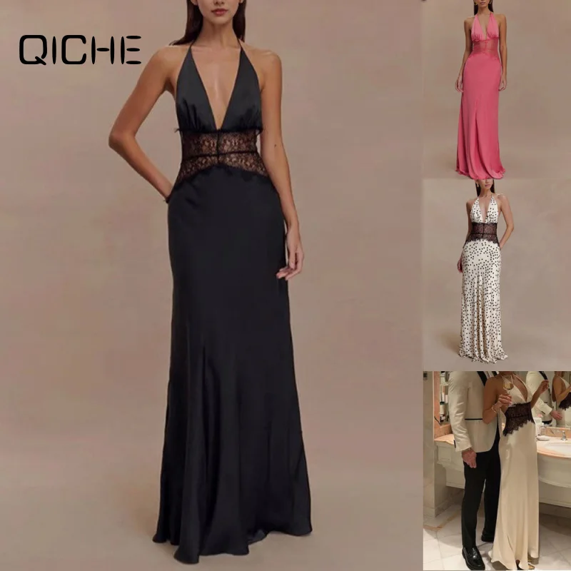 QICHE 2026 Summer Elegant Silky Satin Dress For Women, Halter Deep V Splicing Waist Sexy Evening Maxi Dress