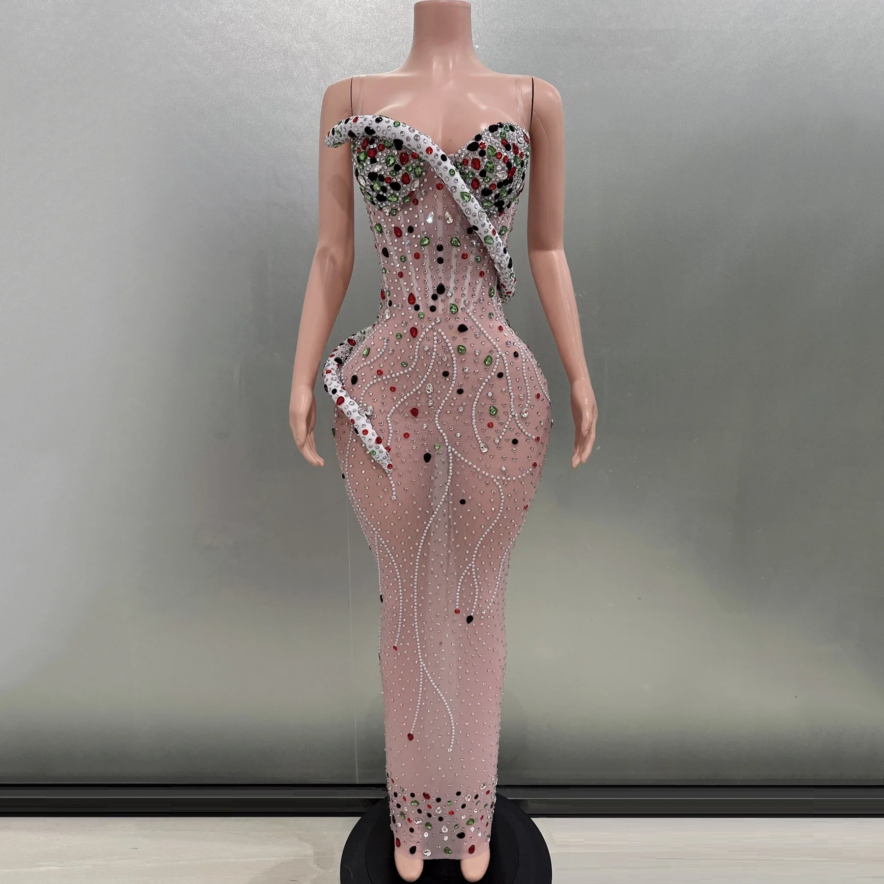 

Colorful Rhinestone Golves Sexy See-Through Strapless Sheath Dress Evening Party Performance Costume Nightclub Singer Stage Wear