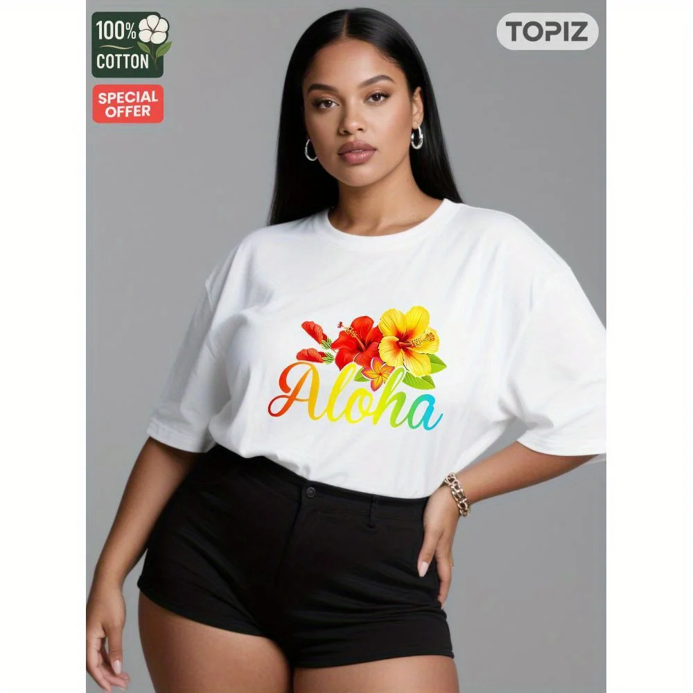 

[Plus Size] Women's T-Shirt, Crew Neck Short Sleeve Casual Top,Graphic T-Shirt, Aloha With Colorful Flowers On White, Shirt