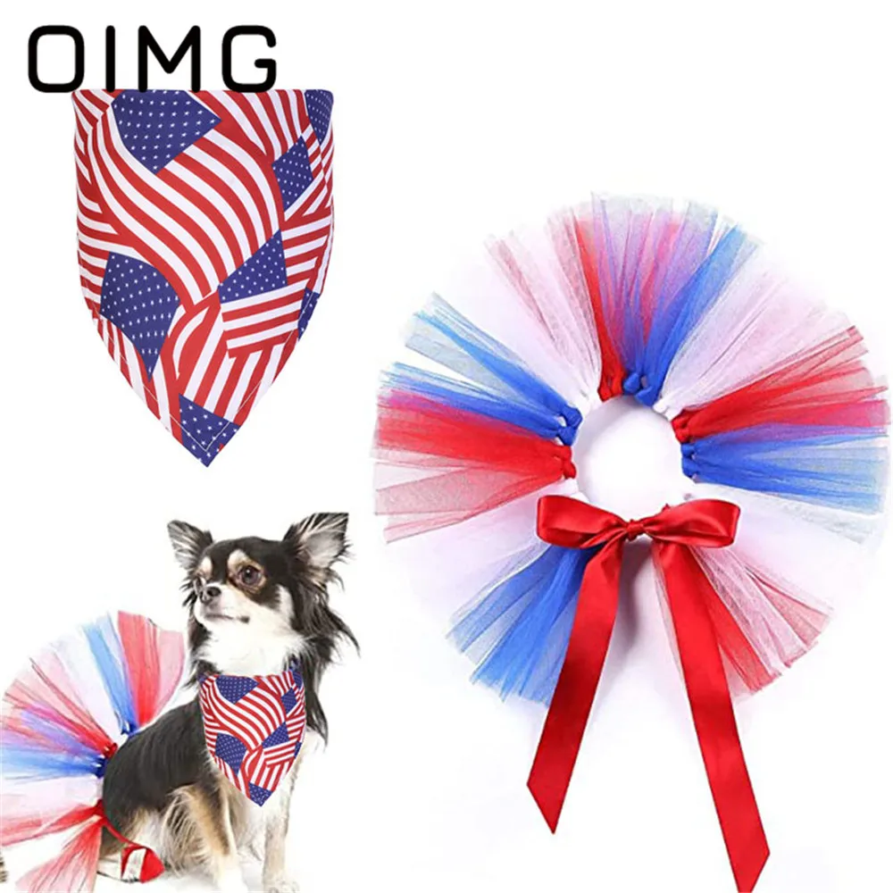 OIMG American Independence Day Dog Saliva Towel Pet Cat Mesh Tutu Skirt Puppy Dress Up Party Supplies 2Pc Set Schnauzer Papillon