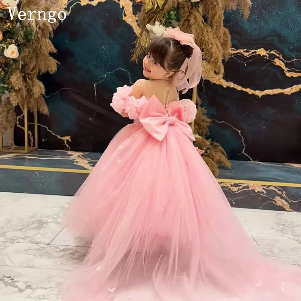 

Детское мини-платье Verngo из розового тюля с 3D цветами для дня рождения, с открытыми плечами, А-силуэт, плиссированное, с цветами, на заказ