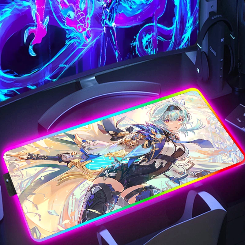 Eula genshin impacto mouse pad kawaii jogos led mouse tapete xxl luminescência mousemats almofadas de mesa pc legal deskmat teclado rgb