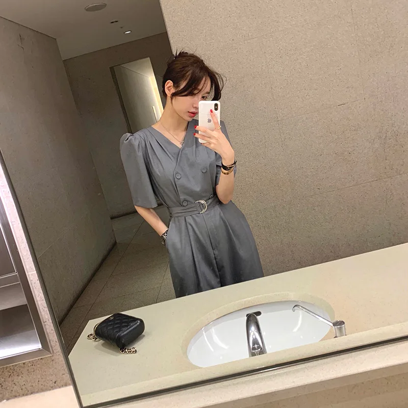 

Casual Suit One-Piece Pants Women Summer Elegance OL Double Button V-Ne Waist Cinch Slimming Drapey Wide Leg Pants Set