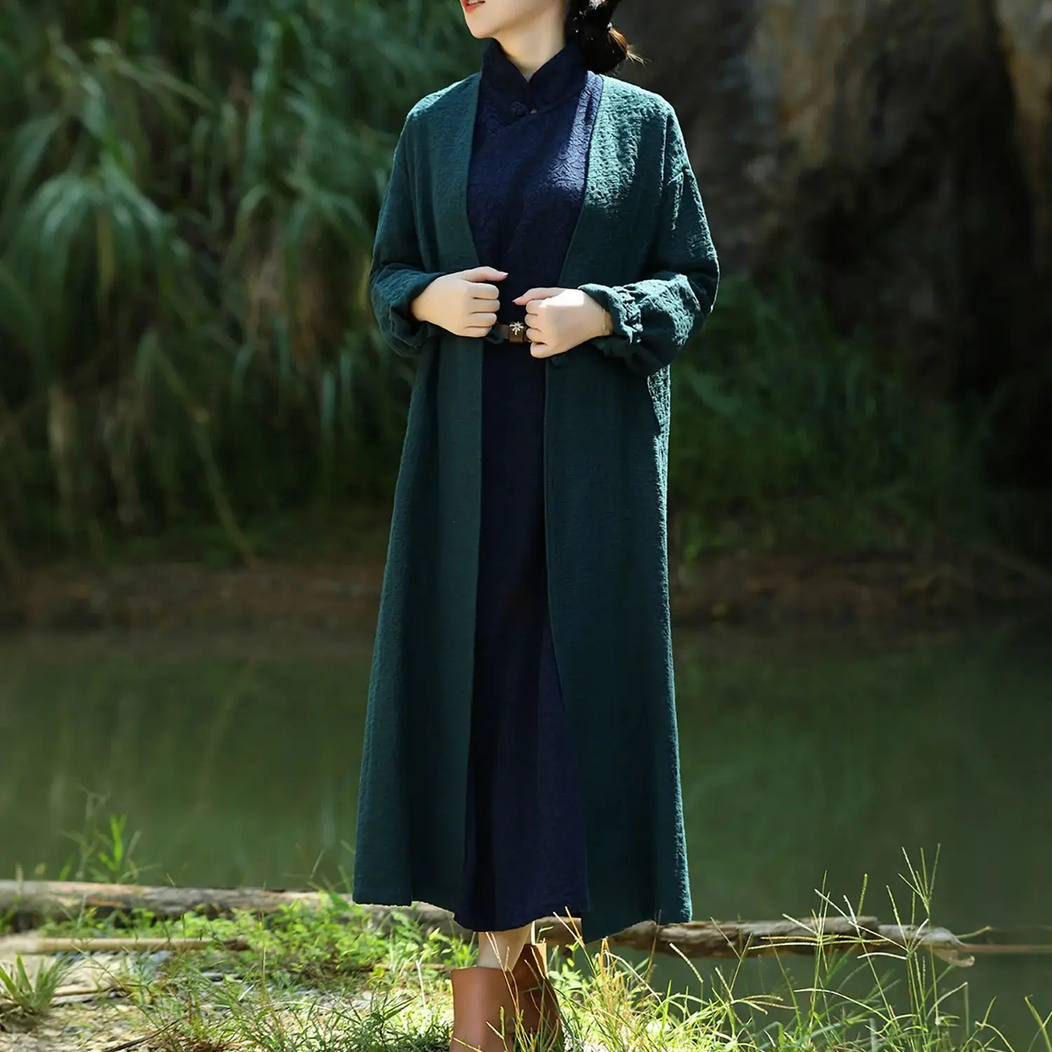 

LZJN Women's Retro One-Button Spring/Autumn Trench Coat Jacquard Cotton Linen, Loose-Fit, Elegant Outerwear with Large Pockets