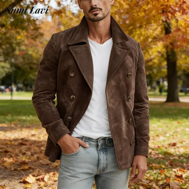 

Стильная однотонная мужская куртка на пуговицах, винтажная, с длинным рукавом, отложным воротником, укороченная, весенняя повседневная верхняя одежда